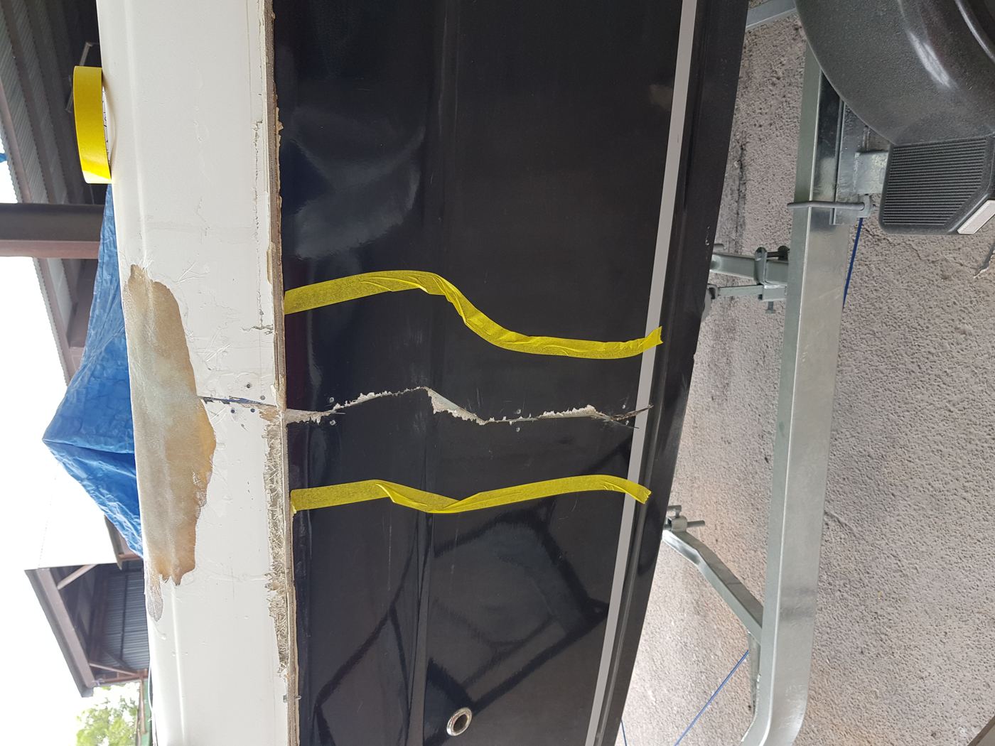 A crack that went right through the hull side, opened up in our workshop.
